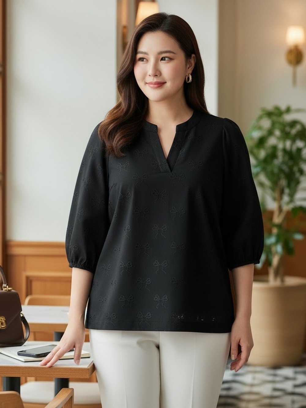 Crown & Ivy XXL Black Metallic Bow V-Neck 3/4 Puff Sleeve Lined Blouse R $79